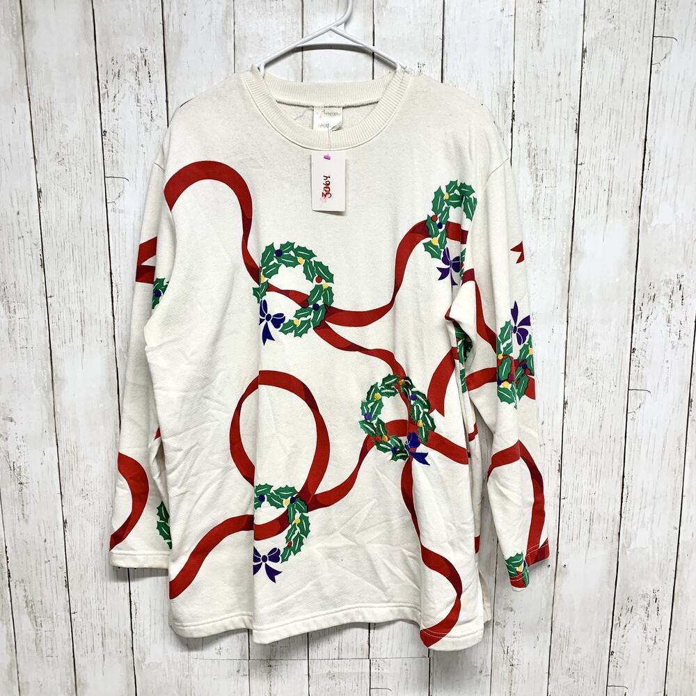 Vintage Aileen Sweater Women Large White Christmas Holiday Graphic Knit Crewneck